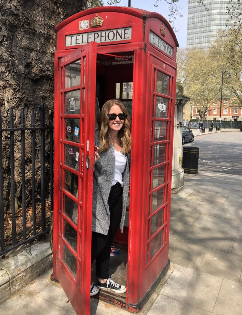 This image is a picture of Westerly Travel's founder, Jennifer Maselli, in a phone booth in London. This page is about Westerly Travel.